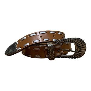 Vintage Liz Claiborne Leather Western Belt & Buckle Sz 34” to 36”